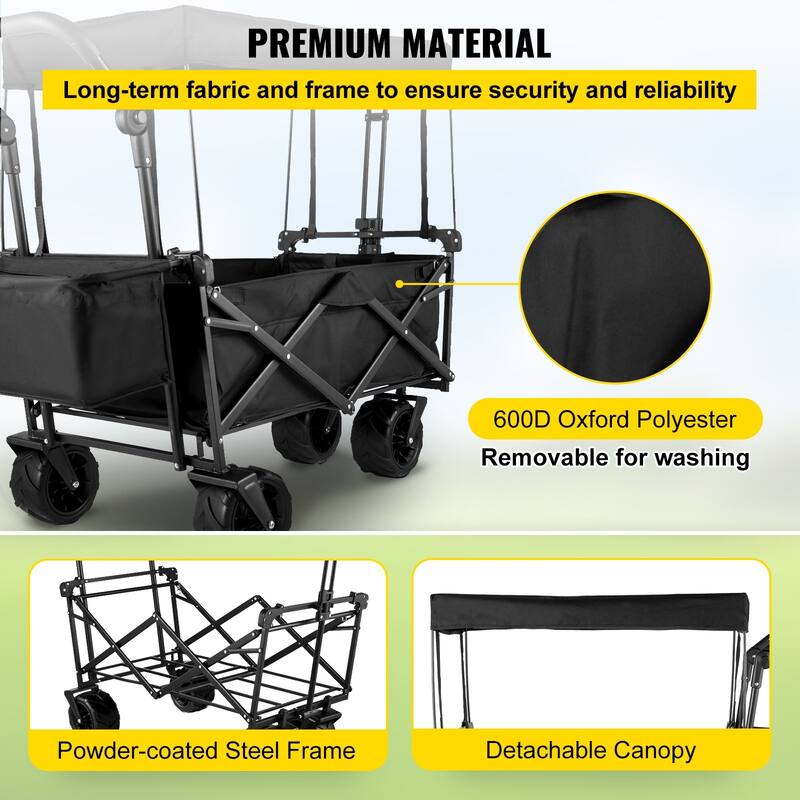 Steel 600D Oxford Folding Wagon 220lbs Cart w/ Canopy & Wheels - 39"x21.4"x39"