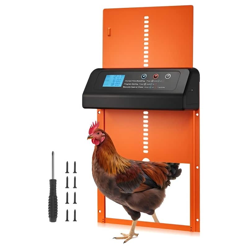 Orange Automatic Chicken Coop Door Battery Powered Timer Manual Control Aluminum Alloy Electric Poultry Door