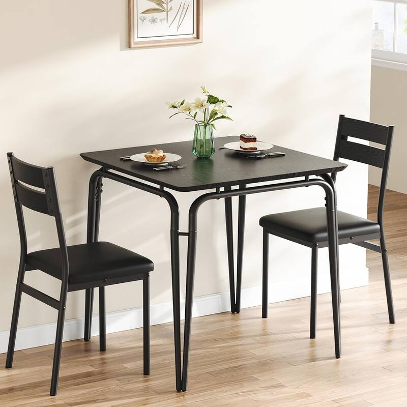 3-Piece Dining Table Set with 2 Chairs, Compact Square Table and Chairs for Kitchen or Apartment - Black