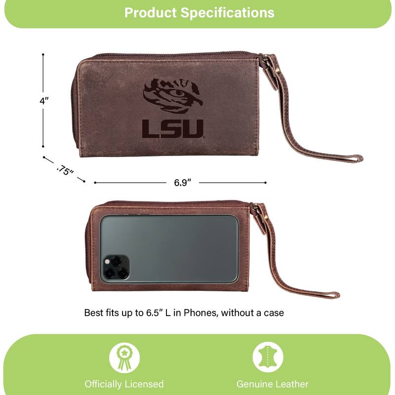 Brown Leather Cell Phone Wristlet Wallet, Louisiana State University - 4" x 7"