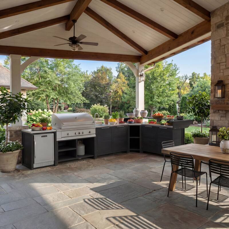 Modular Outdoor Kitchen Cabinet Set 100% Solid Wood Patio BBQ Island with Stainless Steel Countertop