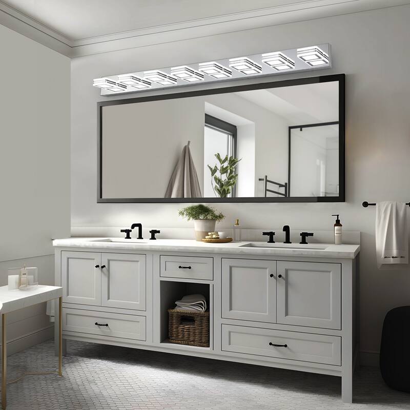 52" Modern 8-Light LED Vanity Light, Square Acrylic Lampshades Wall Mount Fixture for Bathroom, Mirror Lighting