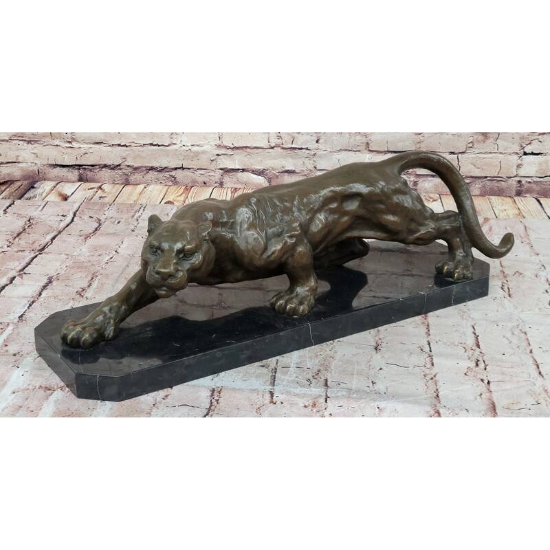 Stalking Panther Cougar Lioness Bronze Sculpture Statue Figure Art On Marble Base
