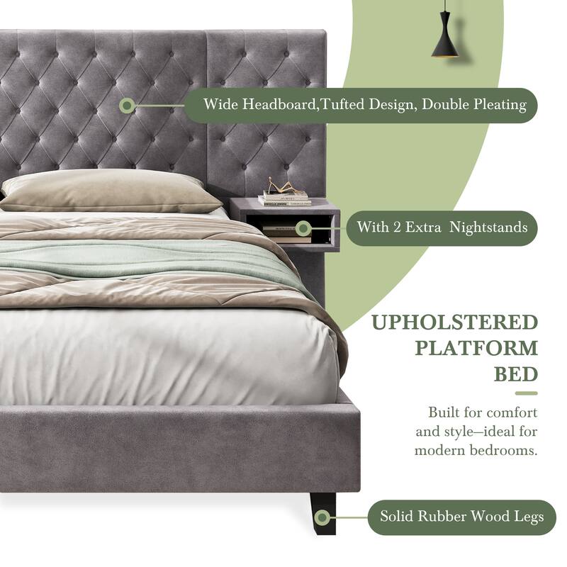 Modern King Platform Bed with Velvet Headboard & 2 Nightstands, Luxurious Diamond Tufted Upholstery
