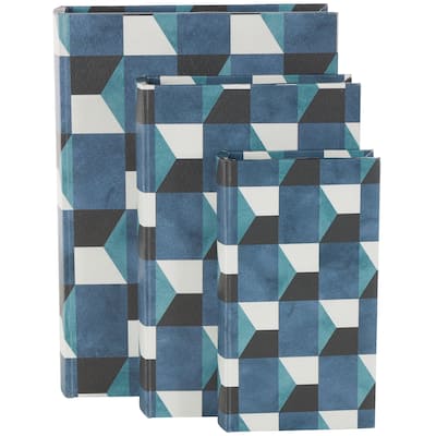 Faux Leather Geometric Faux Book Storage Box with Black and White Accents - Set of 3 Blue - Roche River Decor
