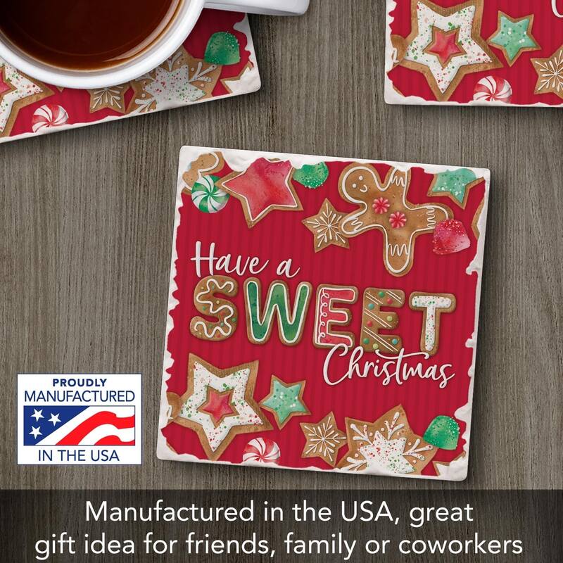 Sweet Christmas 4 Pack Tumbled Tile Stone Coaster with Protective Cork Backing Made in The USA 4" Square, Artistic, Wipes Clean
