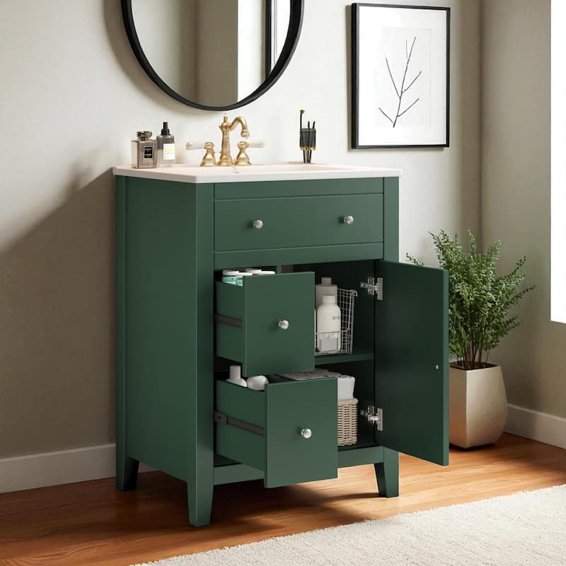24" Bathroom Vanity with Ceramic Sink, Small Modern Cabinet with 2 Drawers & Adjustable Shelf, Soft-Closing Door