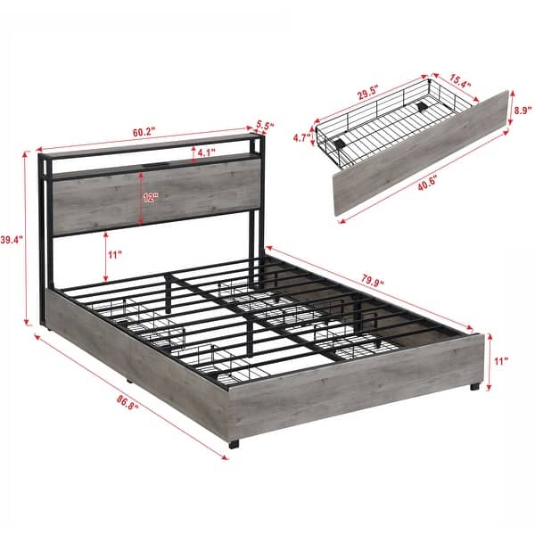 Queen Bed Frame, Storage Headboard with Charging Station