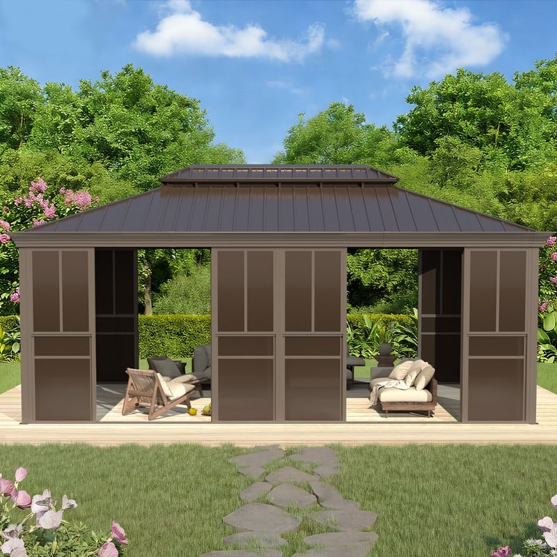 Hardtop Sunroom with Double Steel Roof, Sliding/Lockable Doors & Screens - All-Season Rustproof Aluminum Frame,Advanced Drainage