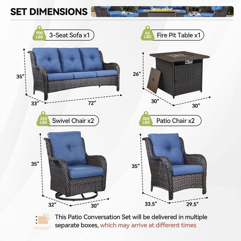 Fire Pit Table with Sofa 2 Swivel Chairs, 2 Patio Chairs