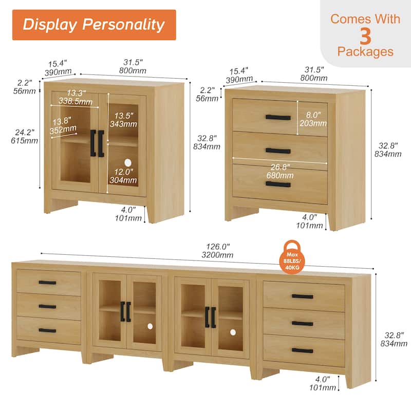 WAMPAT Extra Wide 126" Farmhouse TV Stand, Wood Media Console with 6 Drawers & 2 Glass Cabinets