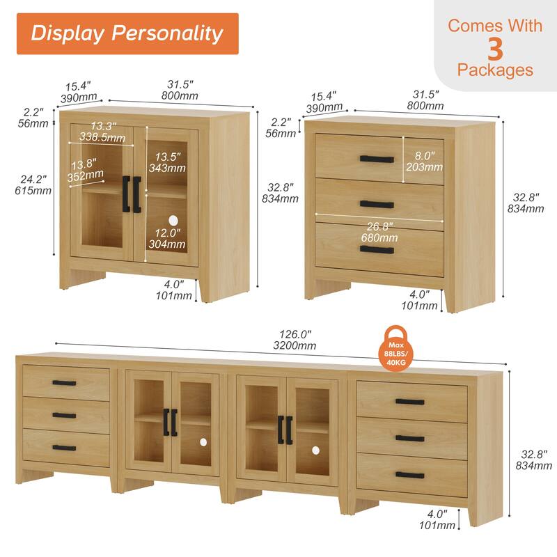 WAMPAT Farmhouse Buffet Cabinet with Glass Doors and Drawers, 4-Piece Modular Sideboard