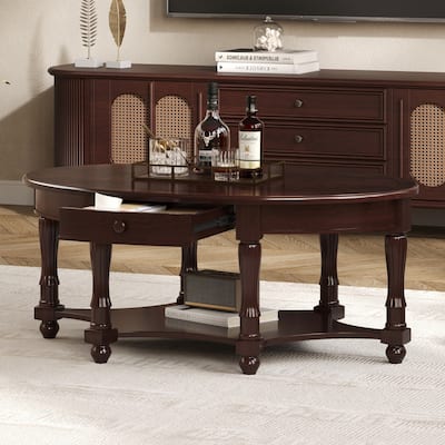 Oval Coffee Table with Drawer and Storage Shelf