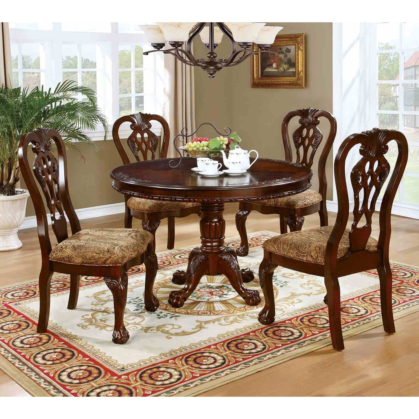 Classic 5pc Brown Cherry Finish Dining Set Table and Royal Chairs