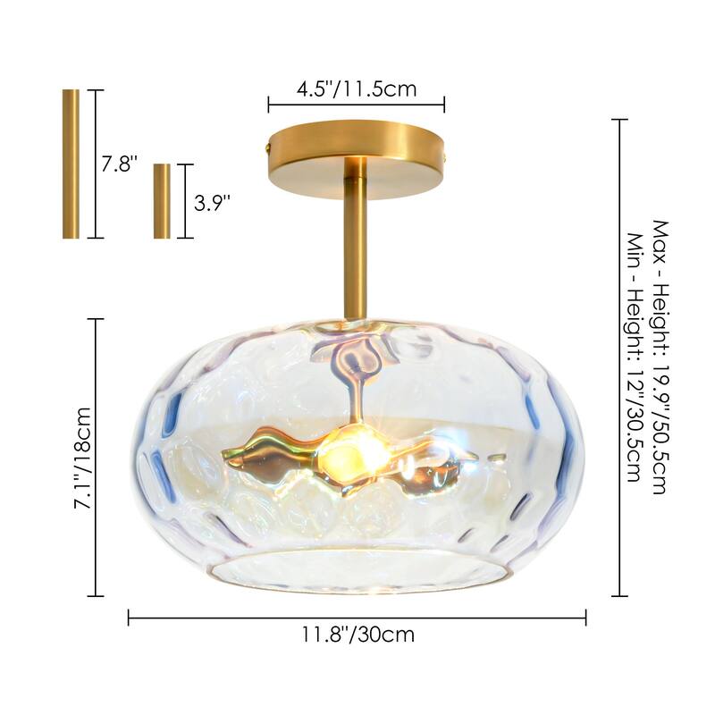 11.8" 2-Light Luxury Gold Semi-Flush Mount Ceiling Light with Hammered Glass Shade for Hallway, Bedroom