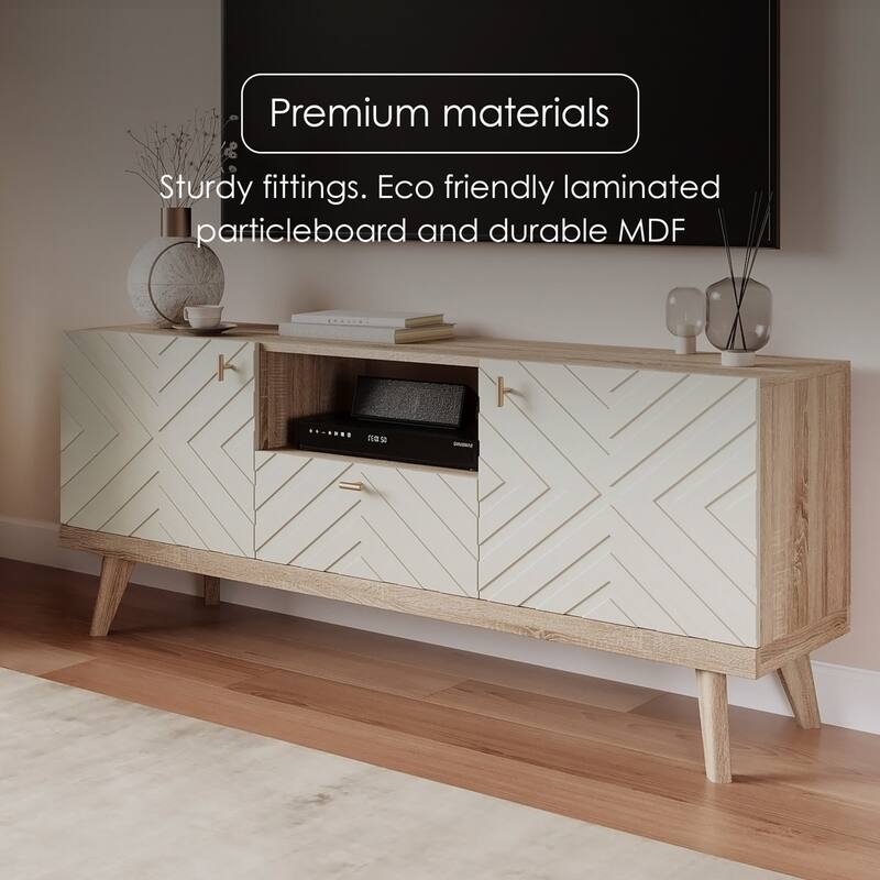 Living Skog Alba Beige TV Stand Console with Drawer Fits TV's up to 65 in. with Wood Legs Mid Century Modern Design
