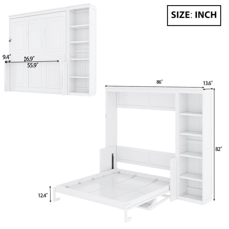 Full/Queen Murphy Bed with Foldable Desk and Storage Shelves, Wall Bed with Bookshelf and Cabinet Design