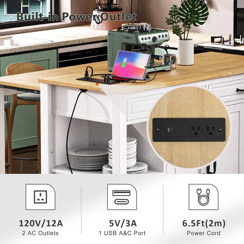 47" Kitchen Island with Extendable Dining Table, Internal Storage Rack, Power Outlet, 2 Drawers & 2 Cabinet