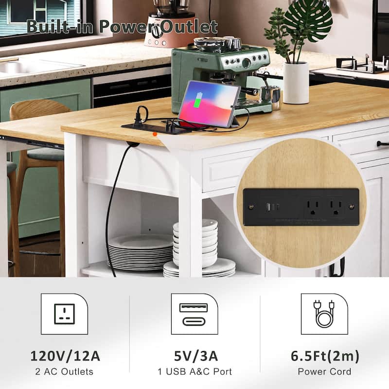 Modern Kitchen Island with Retractable Dining Table, Interior Storage Shelf, Power Socket, 2 Drawers and 2 Cabinets, for Kitchen