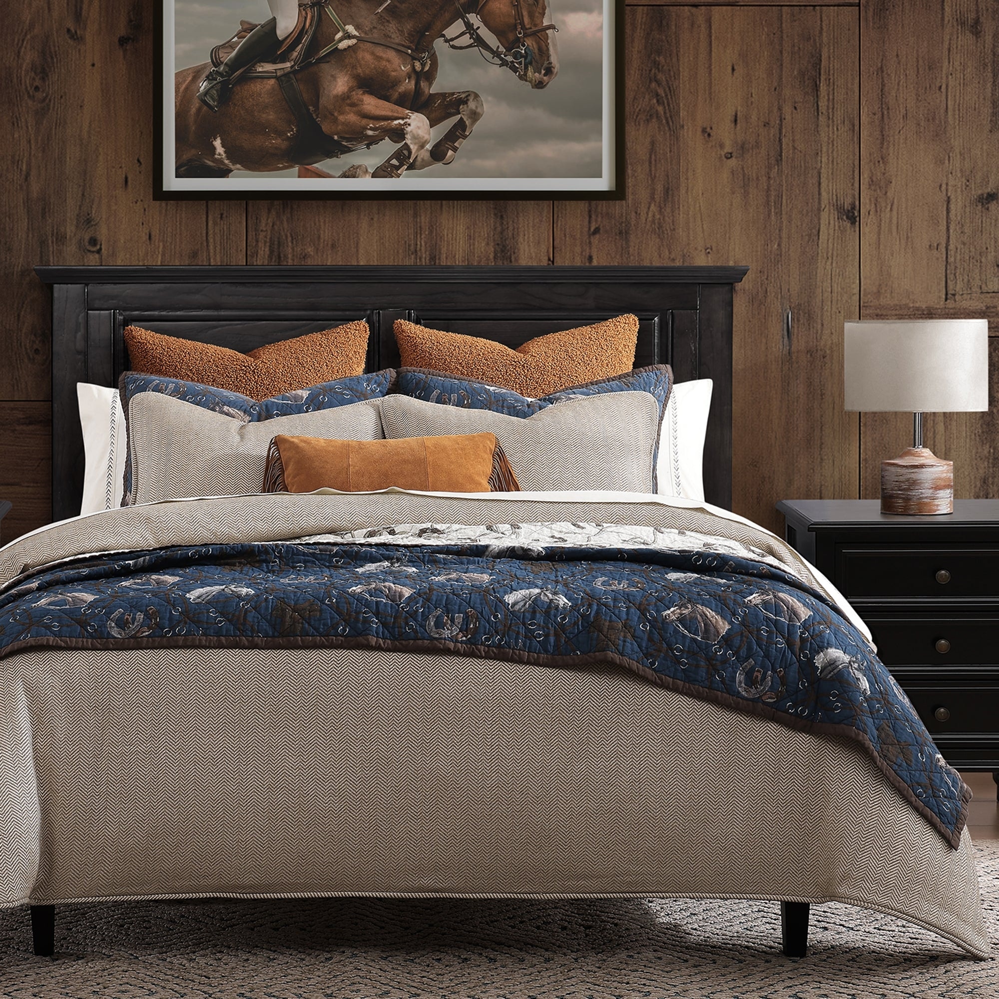 Tasha Polizzi Saratoga Western Rustic Navy Blue Horse Horseshoe Pattern 3 Piece Reversible Quilt with Pillow Shams