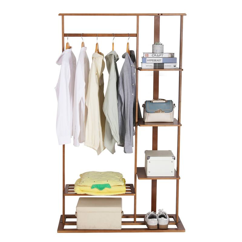 Bamboo Freestanding Clothes Storage Stand with Shelves for Home Use