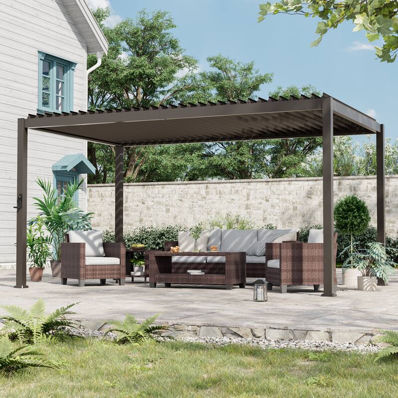 Patio Louvered Pergola with Adjustable Roof, Aluminum Steel Pergola - 9' x 14' - Brown