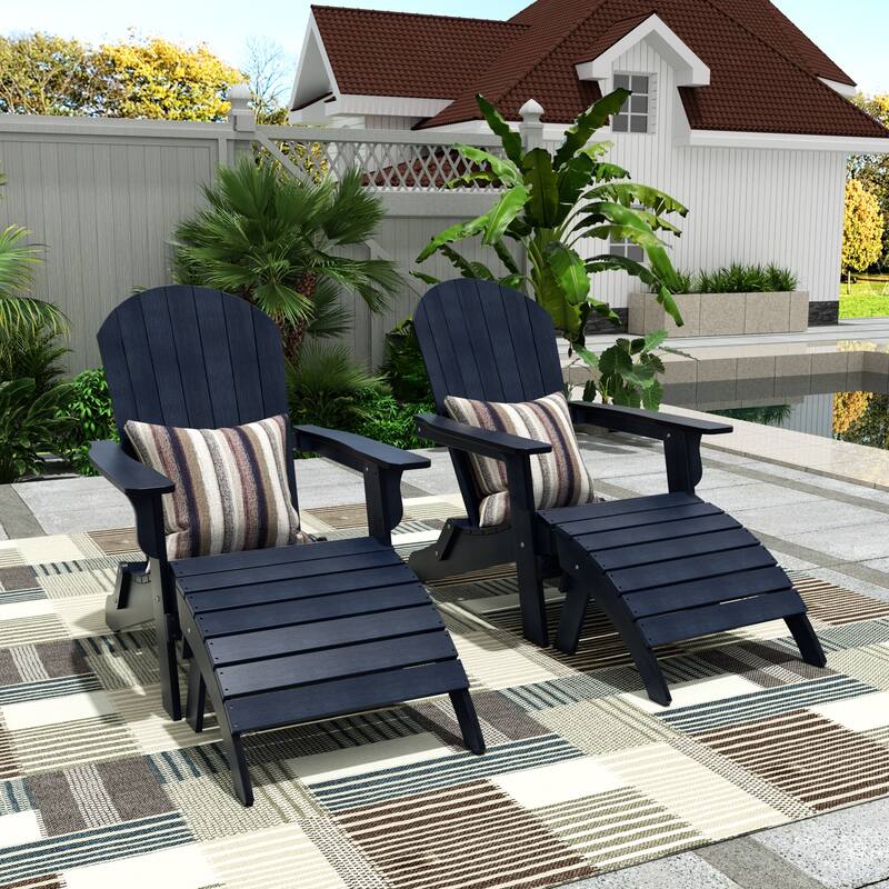 Vineyard HIPS Outdoor Folding Eco-Friendly All Weather Seashell Adirondack Chairs with Ottomans (4-Piece Set) - Navy