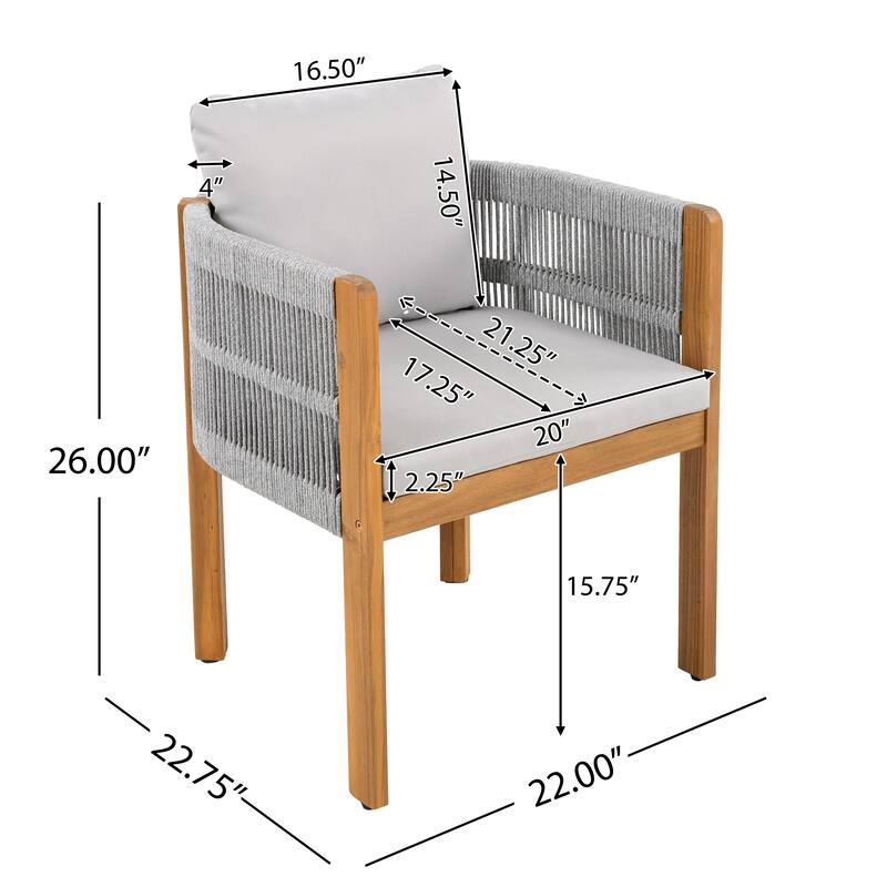 Roomfitters 7-Piece Outdoor Dining Set, Acacia Wood Patio Table and 6 Rope Woven Armchairs with Cushions