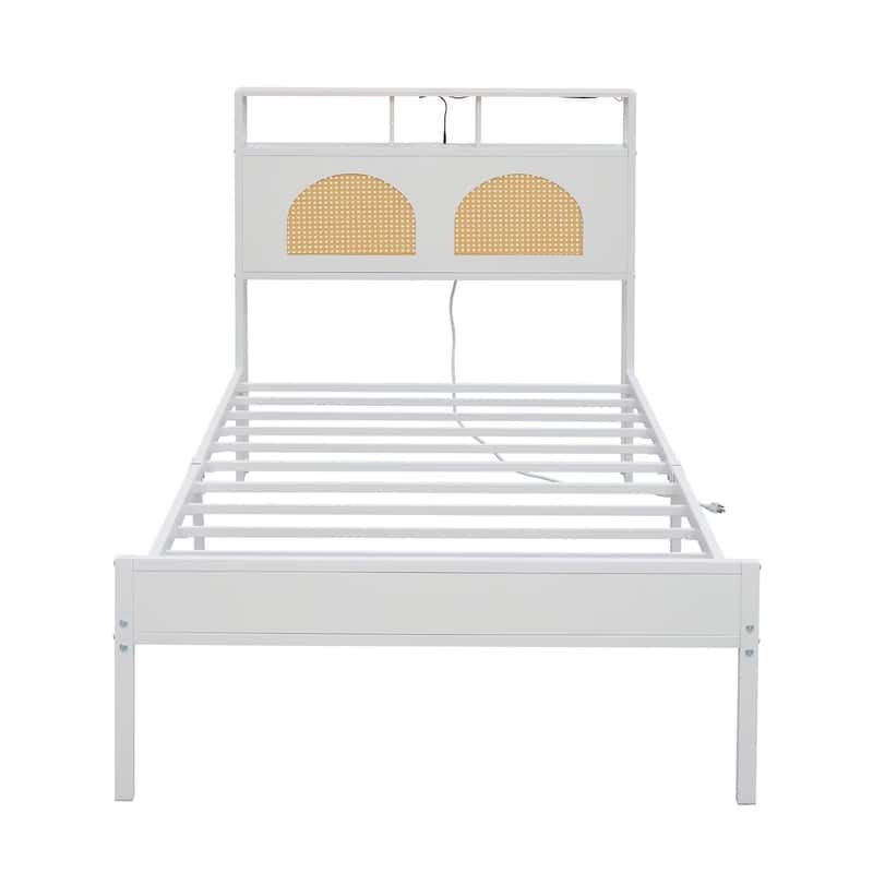 Twin Size Platform Bed Frame with LED & Charging Station, Noise Free