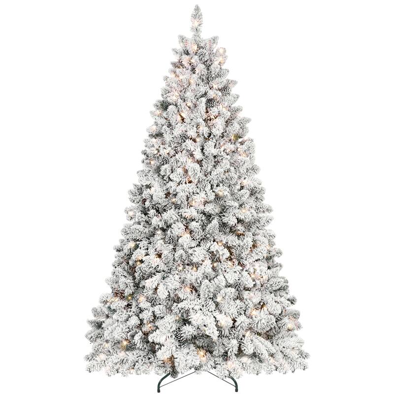 8FT Flocked Christmas Tree with 700 UL Lights and 54 Natural Pine Cones - Snowy PVC Tips,1754 Tips,Hinged Structure,Metal Stand