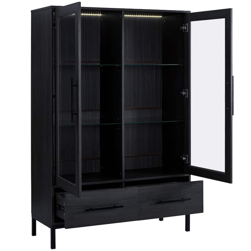 60"Hx39.5"W Lighted Display Cabinet with Glass Doors & LED Lighting Bookshelf Buffet