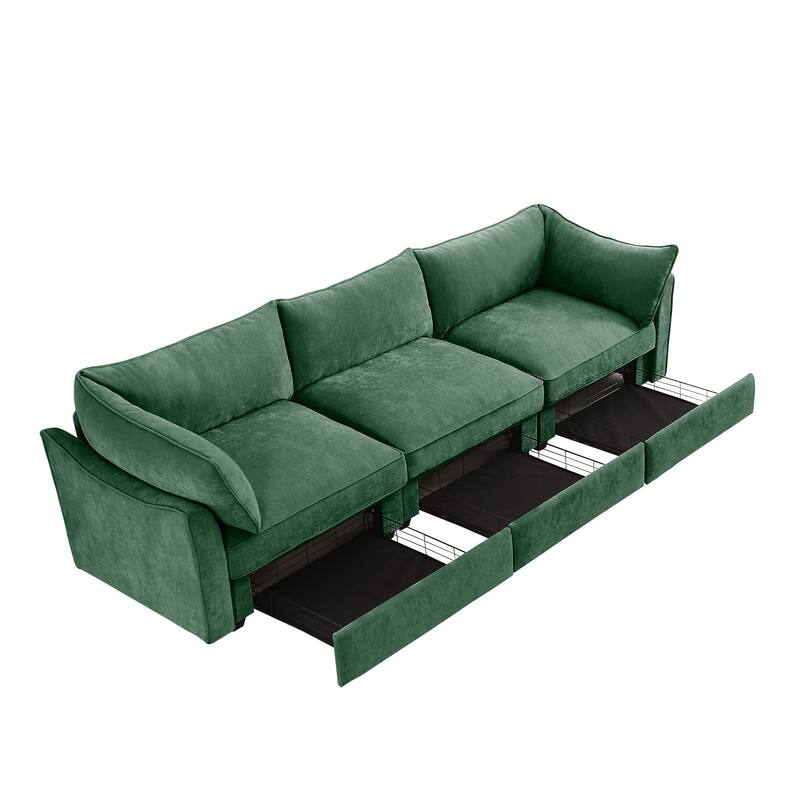 112" Oversized Chenille Modular Sectional Sofa with Pull-Out Storage Drawers, Modern 3-Seater Upholstered Couch for Living Room