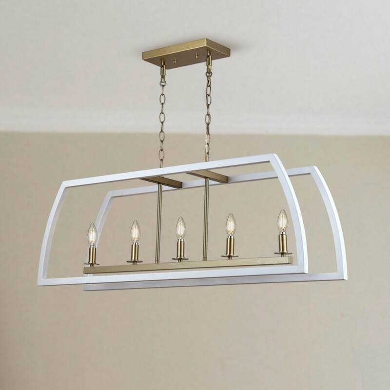 5 Light Kitchen Island Chandelier iron frame in brass and white finish - 13.5"H x 39"W x 9"D