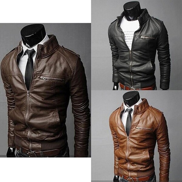 Shop Men Winter Fashion Cool Zipper Pocket Faux Leather Bomber