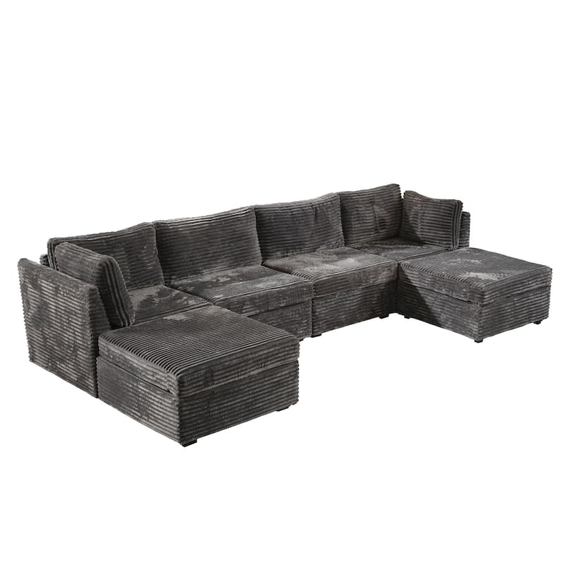 HOOOWOOO Modular U-shaped Corduroy Fabric Sectional Sofa Couch with Ottoman