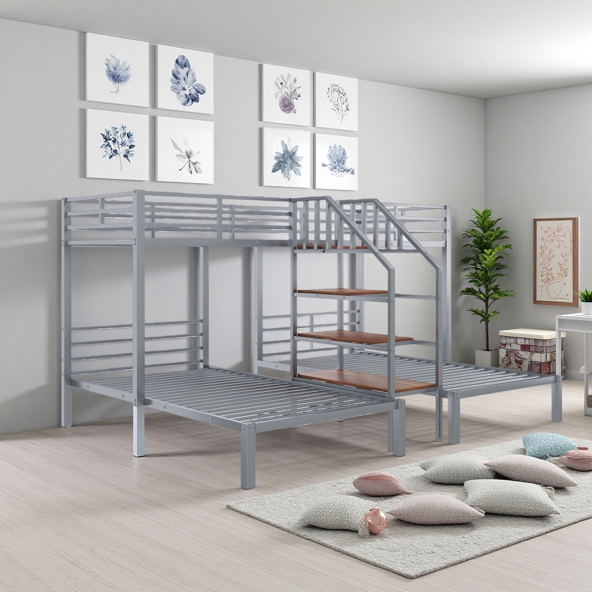 Twin Over Twin & Twin Metal Triple Bunk Bed with Storage Staircase