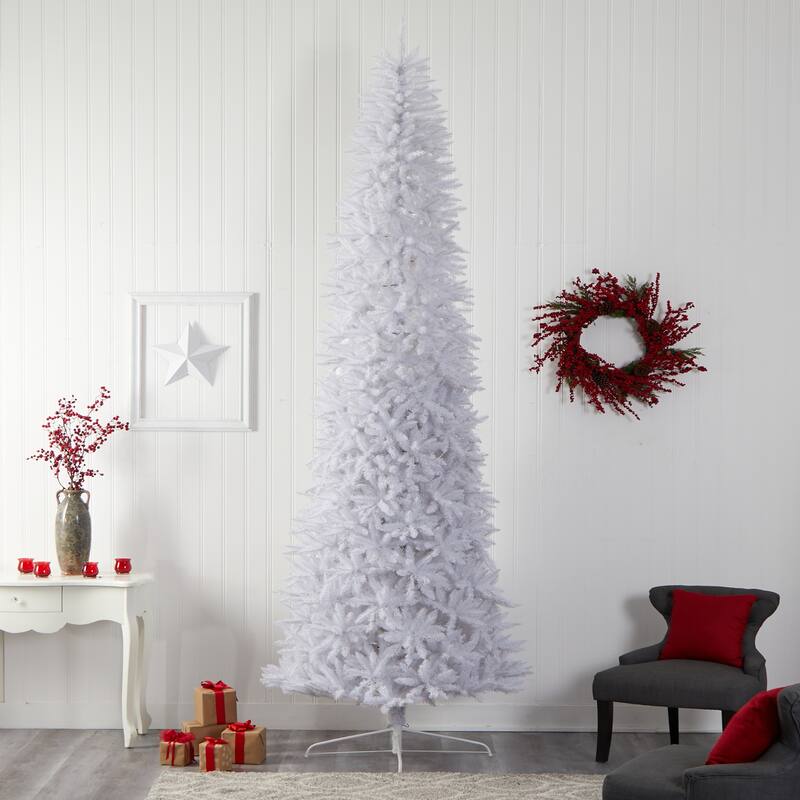 12’ Pre-Lit Slim White Artificial Christmas Tree, Warm Clear LED Lights - over-10-feet