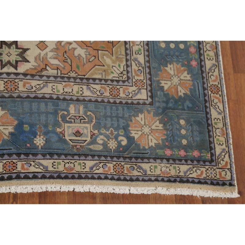Geometric Blue Tabriz Persian Vintage Area Rug Handmade Wool Carpet - 6'6"x 9'8"