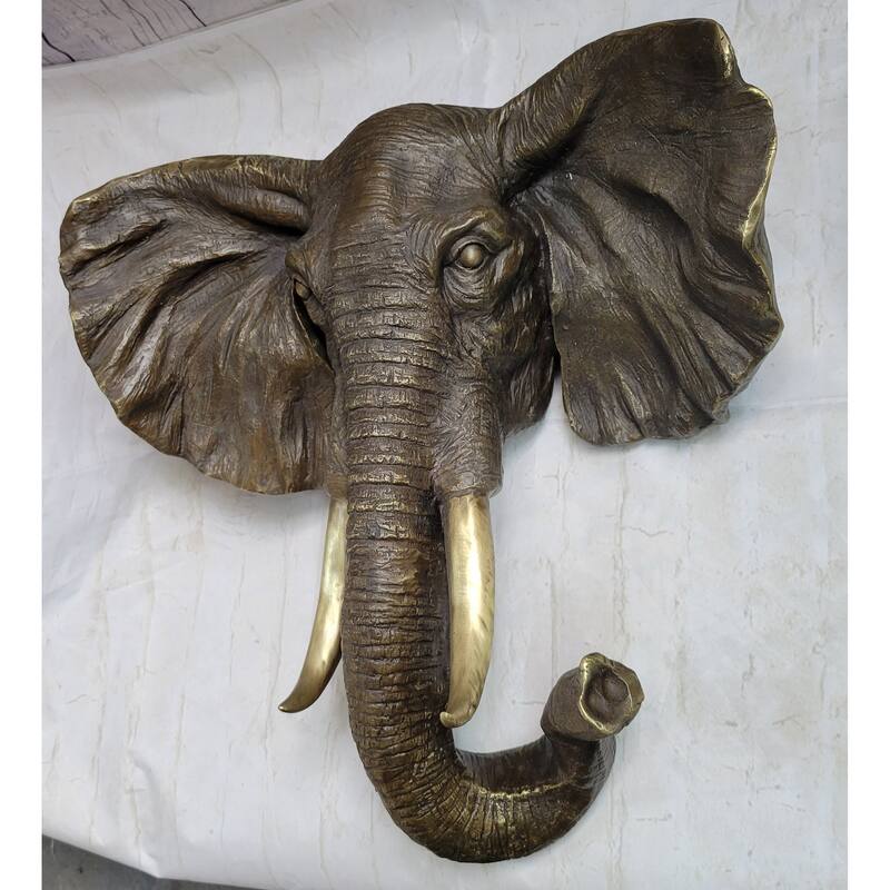 Wall Mounted Hanging Bronze Imitative Elephant Head Bust Sculpture Statue Decor Signed Original Art