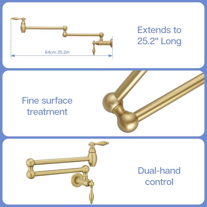Wall Mount Commercial Pot Filler Faucet,Brass Material Folding Faucet, with Stretchable Double Joint Swing Arms