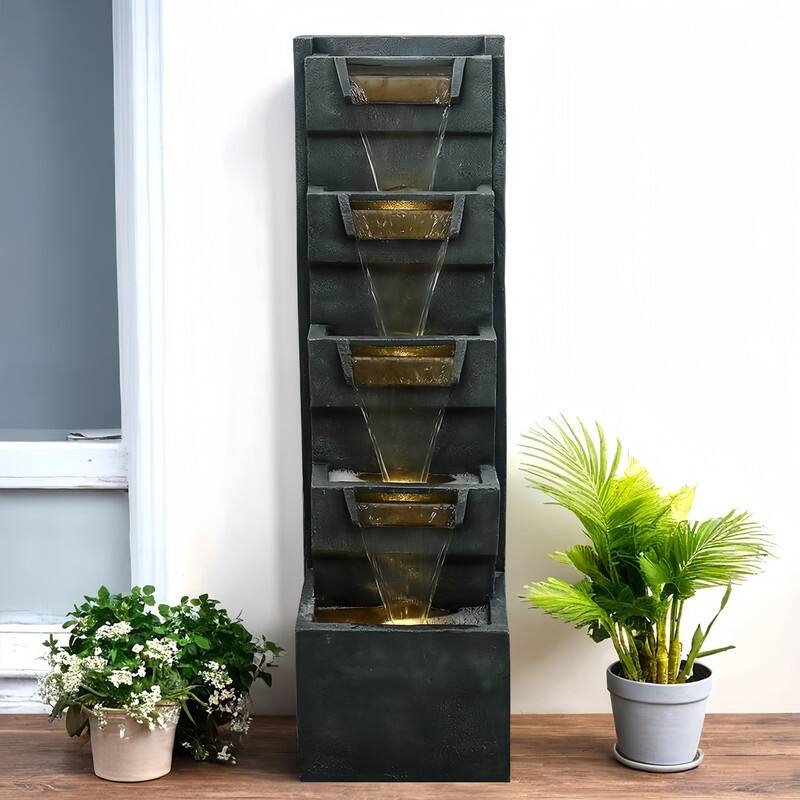 SunJet 39.3" Hand Crafted 6 Tier Outdoor Resistant Floor Fountain with LED Lights - 39.3'' H X 11.6'' W X 12.2'' D