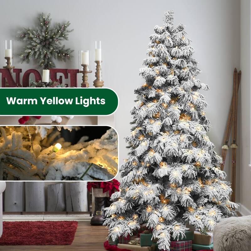 Pre-Lit Flocked Scarecrow-Shaped Tree - Warm White LED Lights, PVC Memory Wire Tips, Power Pole, Hinged Structure - Green,White