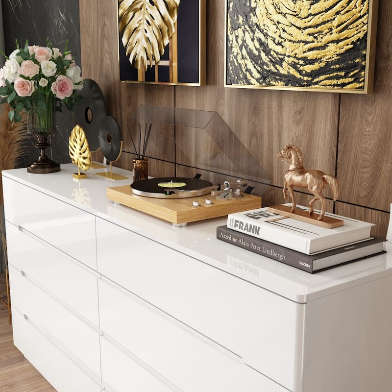 Wood 8 Drawer Double Bedroom Dresser in White High Gloss With Light