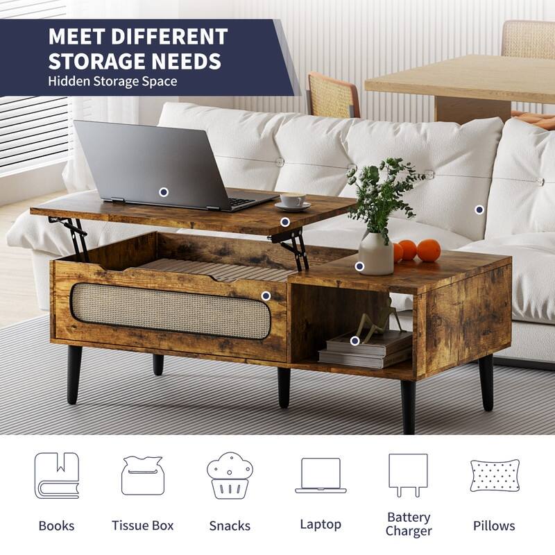 Mixoy 47" Lift Top Coffee Table with Storage and Hidden Compartment,Modern Wooden Center Table with Rattan Weaving Decoration