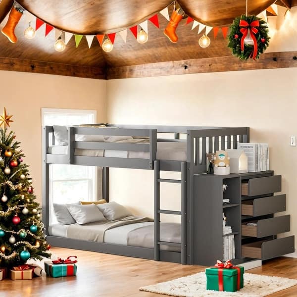 slide 2 of 16, Muti-Functional Bunk Bed, Twin over Twin Bunk Bed with 4 Drawers and 3 Shelves Gray