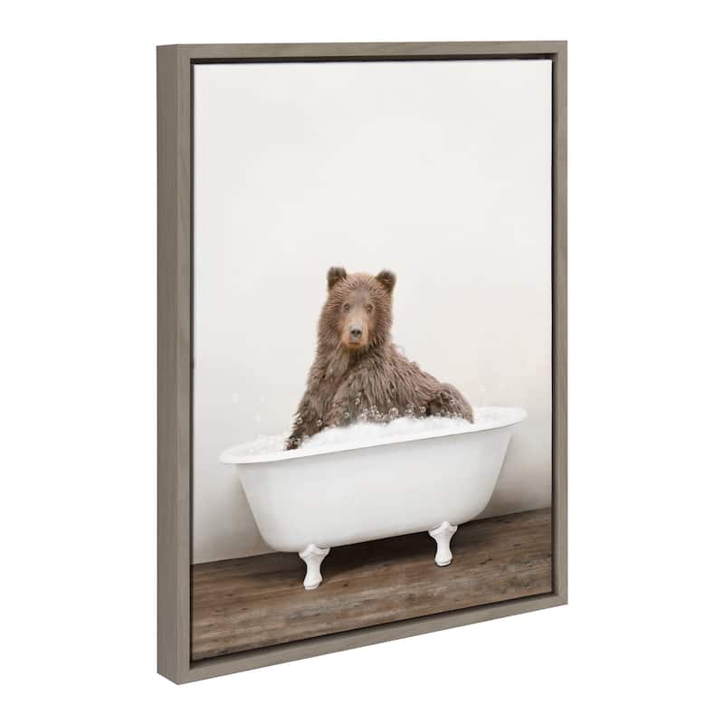 Kate and Laurel Bear Rustic Bubble Bath Framed Canvas by Amy Peterson - Grey - 18x24