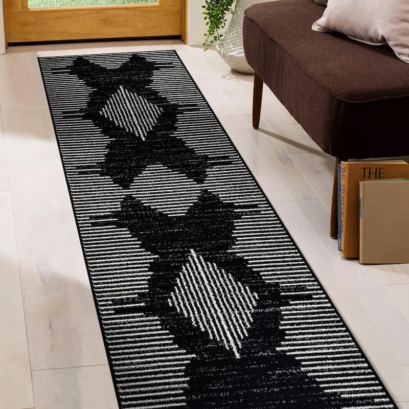 Modern Abstract Area Rug for Living Room, Bedroom, or Entryway - Low Pile Indoor Rug - Black - 2' 3" x 8'