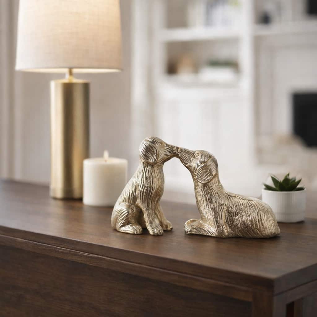 Cute Kissing Dogs Statue Figurine - Decorative Sculpture - 10", Gold - 9.75"