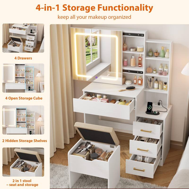 Vanity Desk with Sliding Mirror and Lights, Modern Makeup Vanity Table with 4 Drawers and 7 Storage Shelves