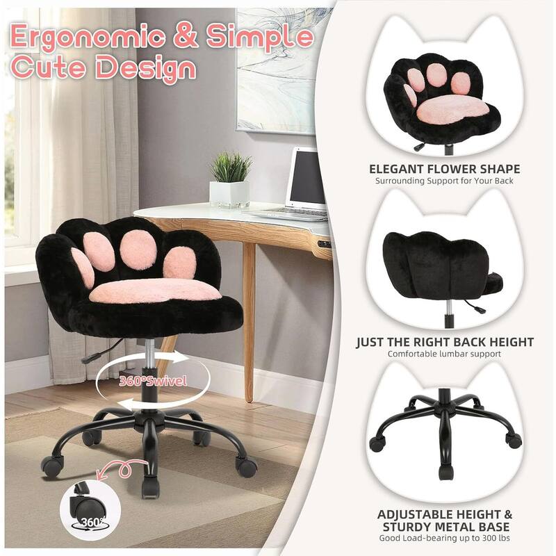 360°Rotating Height Adjustable Cute Cat Paw Office Chair with Wheels for Bedroom, Home Office